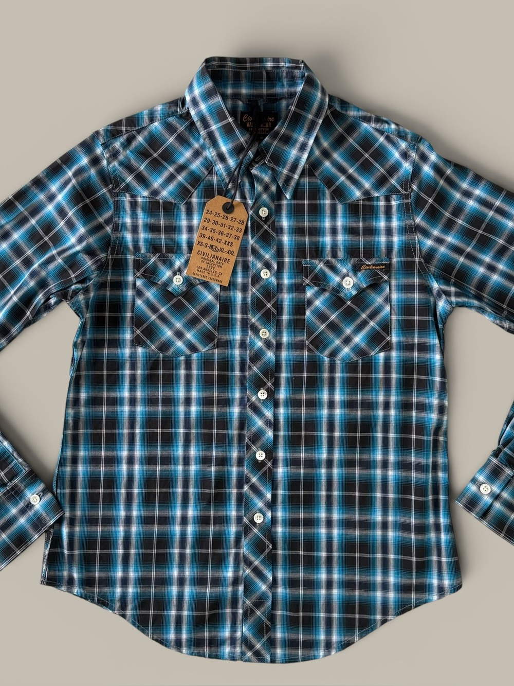 NWT Civilianaire Wash & Wear Blue Plaid Cotton Western Shirt L